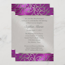 Invitación Quinceanera Raspberry y Silver Filigree Swirls