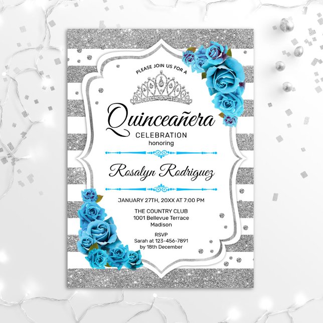 Invitación Quinceanera - Rayas blancas de plata azul (Subido por el creador)