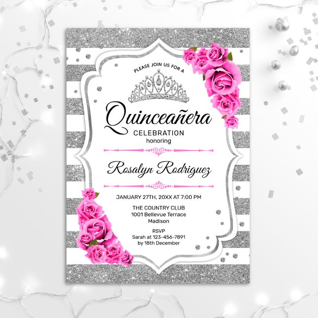Invitación Quinceanera - Rayas blancas de plata rosadas (Subido por el creador)