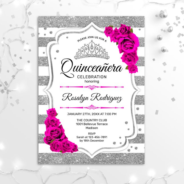 Invitación Quinceanera - Rayas blancas de plata rosadas calie (Subido por el creador)