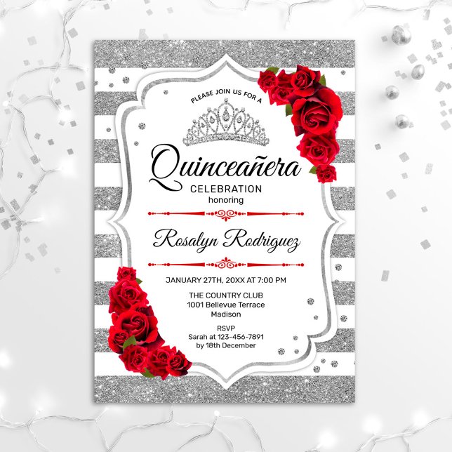 Invitación Quinceanera - Rayas de plata blanca Rojo (Subido por el creador)