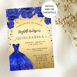 Invitación Quinceanera real azul purpurina de oro de flores