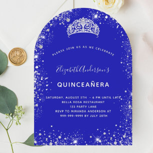 Invitación Quinceanera real azul purpurina tiara arch
