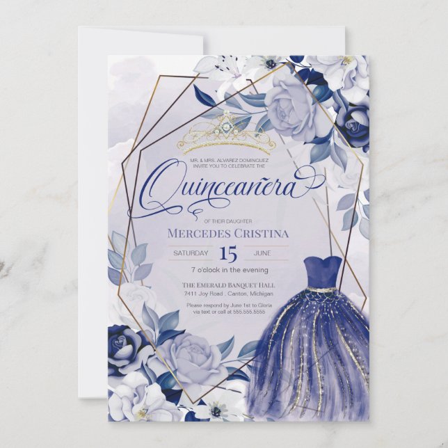 Invitación Quinceañera real marina azul elegante elegante ele (Anverso)