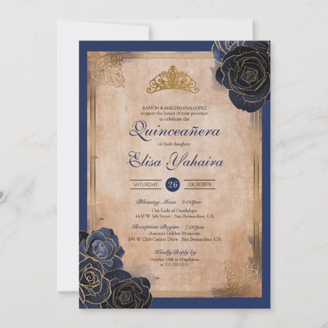Invitación Quinceañera Real Rosas Doradas Azul Marino Antiguo (Anverso)