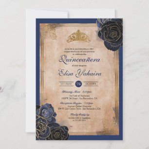 Invitación Quinceañera Real Rosas Doradas Azul Marino Antiguo
