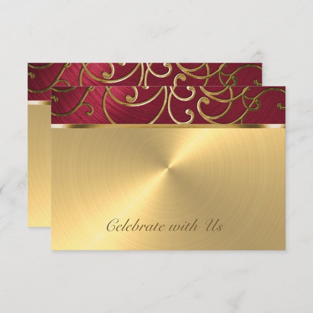 Invitación Quinceanera Red and Gold Filigree Swirls (Anverso / Reverso)