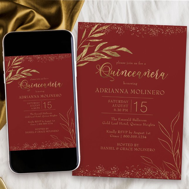 Invitación Quinceanera Red and Gold Leaf Elegante (Modern Quinceanera invitation in red and gold from my Gold Leaf Collection)