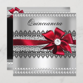 Invitación Quinceanera Red Bow Black Pearl Lace Diamond