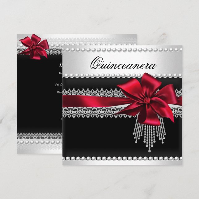 Invitación Quinceanera Red Bow Black Pearl Lace Diamond (Anverso / Reverso)