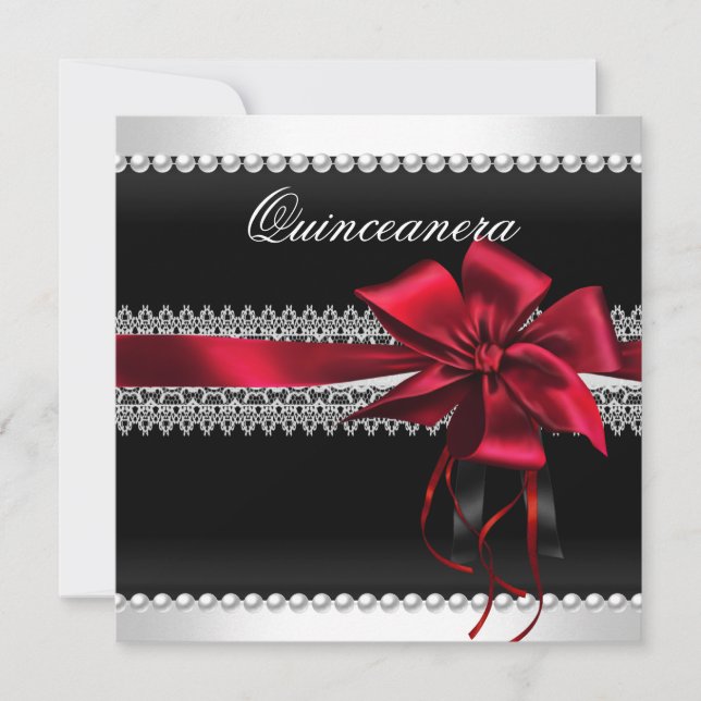 Invitación Quinceanera Red Bow Black Pearl Lace Diamond (Anverso)