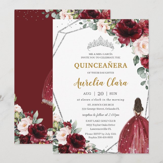 Invitación Quinceañera Red Burgundy Rubor Floral Silver Tiara (Anverso / Reverso)