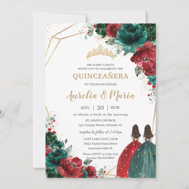 Invitación Quinceañera Red Emerald Green Floral Twins Gold (Anverso)