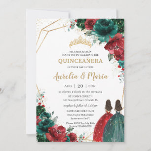 Invitación Quinceañera Red Emerald Green Floral Twins Gold
