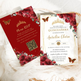 Invitación Quinceañera Red Floral Butterflies QR RSVP