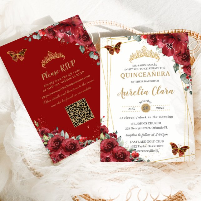 Invitación Quinceañera Red Floral Butterflies QR RSVP (Subido por el creador)