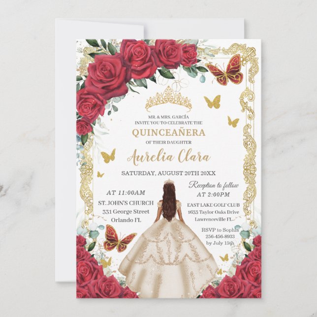 Invitación Quinceañera Red Floral Campaña Vestido Princesa (Anverso)