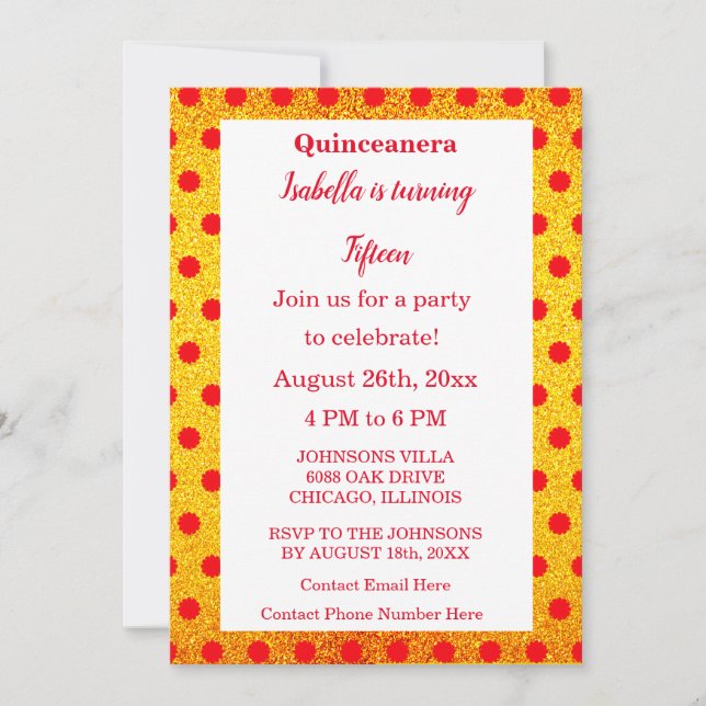 Invitación Quinceanera Red Floral Gold Purpurina 15º cumpleañ (Anverso)