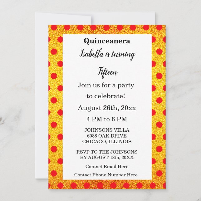 Invitación Quinceanera Red Floral Gold Purpurina Negro (Anverso)