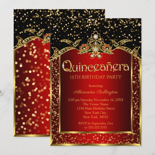 Invitación Quinceanera Red Gold Black Birday Party (Anverso / Reverso)