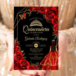 Invitación Quinceanera Red Gold Butterfly Dress Floral