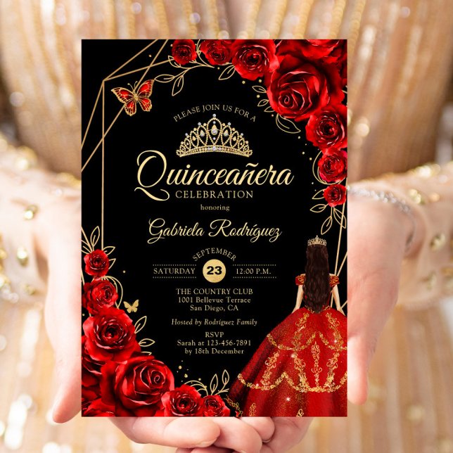 Invitación Quinceanera Red Gold Butterfly Dress Floral (Subido por el creador)