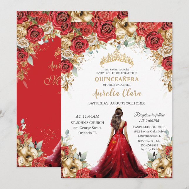 Invitación Quinceañera Red Gold Rosas Floral Princess Vestido (Anverso / Reverso)