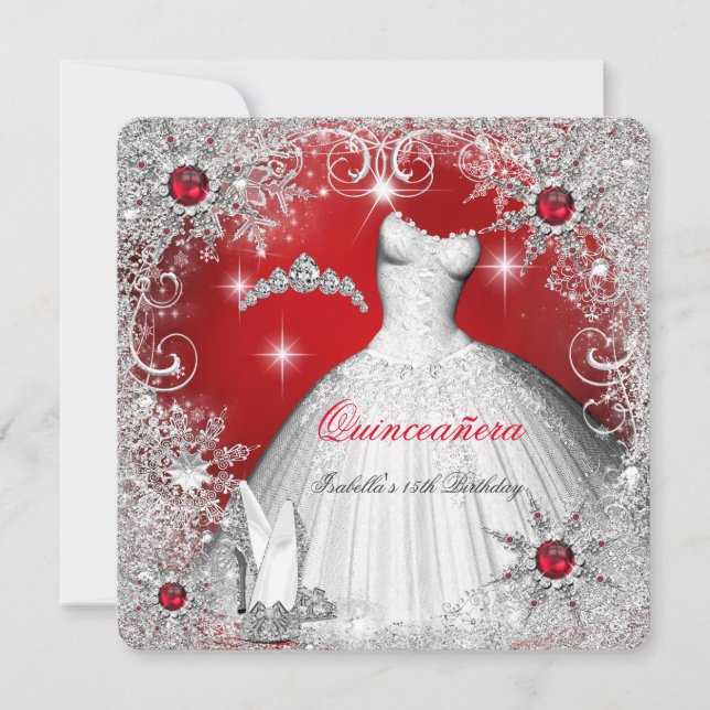 Invitación Quinceanera Red Pearl Silver Wins Snowflakes (Anverso)