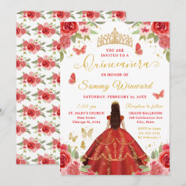 Invitación Quinceañera Red Princess Brunette Girl