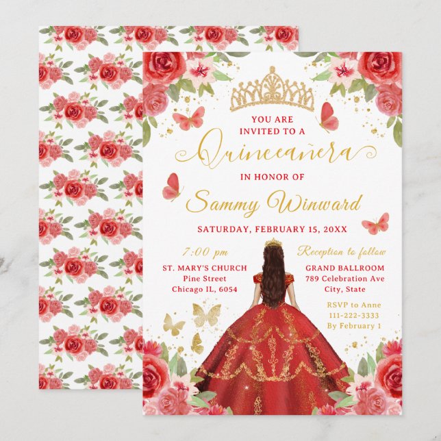 Invitación Quinceañera Red Princess Brunette Girl (Anverso / Reverso)