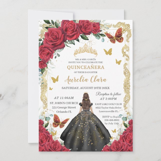 Invitación Quinceañera Red Roses Floral Black Dress Princesa (Anverso)