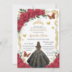 Invitación Quinceañera Red Roses Floral Black Dress Princesa