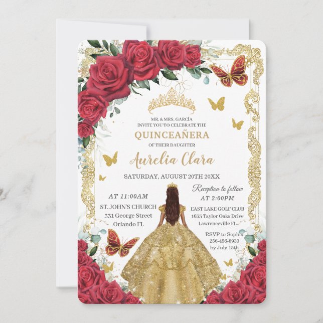 Invitación Quinceañera Red Roses Floral Dorado Princesa (Anverso)