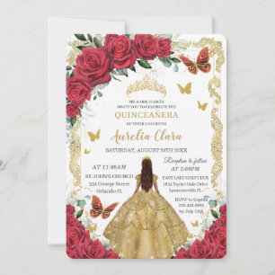 Invitación Quinceañera Red Roses Floral Dorado Princesa