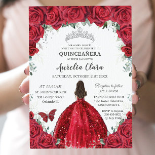 Invitación Quinceañera Red Roses Floral Princesa Gown Silver