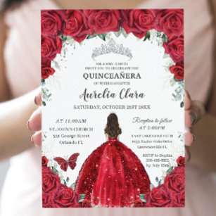 Invitación Quinceañera Red Roses Floral Princesa Gown Silver