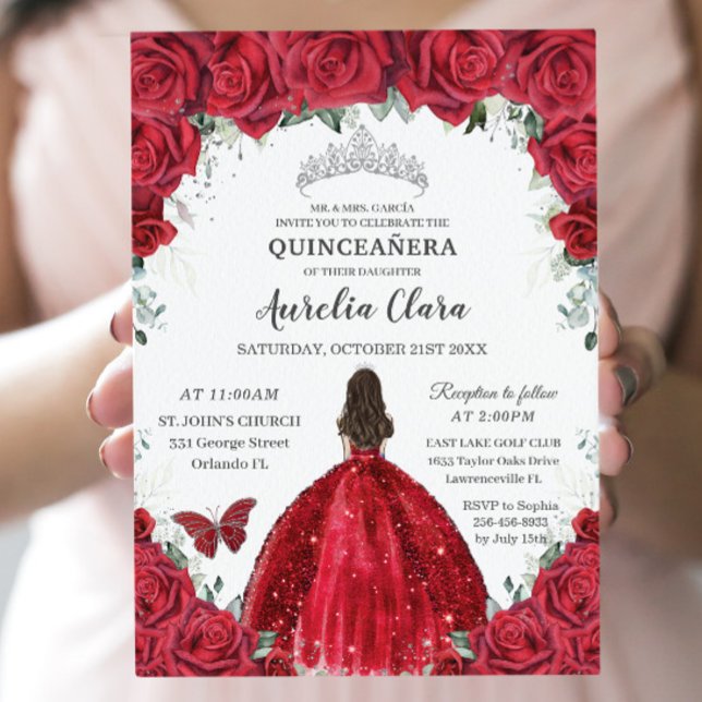 Invitación Quinceañera Red Roses Floral Princesa Gown Silver (Subido por el creador)