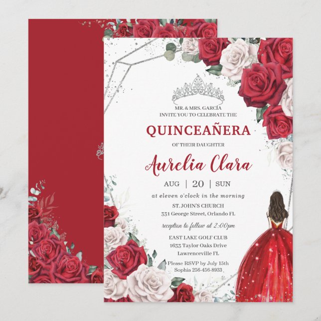 Invitación Quinceañera Red Roses Floral Princesa Plata (Anverso / Reverso)
