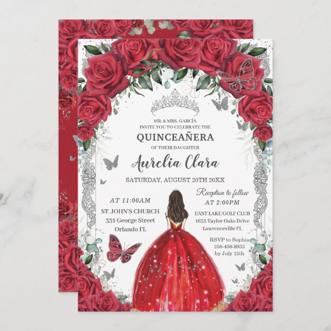 Invitación Quinceañera Red Roses Floral Princesa Vestido Plat (Anverso / Reverso)