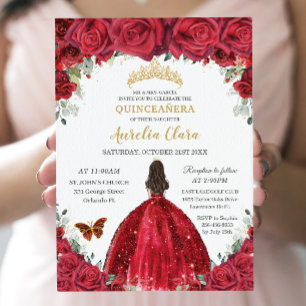 Invitación Quinceañera Red Roses Floral Princess Gown Gold
