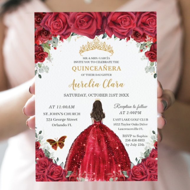 Invitación Quinceañera Red Roses Floral Princess Gown Gold (Subido por el creador)