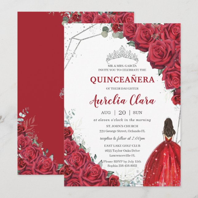 Invitación Quinceañera Red Roses Floral Silver Princesa Tiara (Anverso / Reverso)
