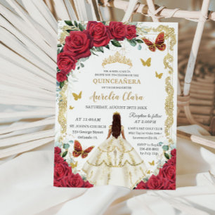 Invitación Quinceañera Red Roses Floral Vestido de Marfil Pri