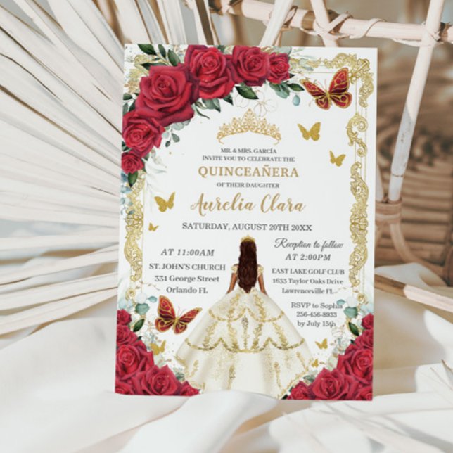 Invitación Quinceañera Red Roses Floral Vestido de Marfil Pri (Subido por el creador)