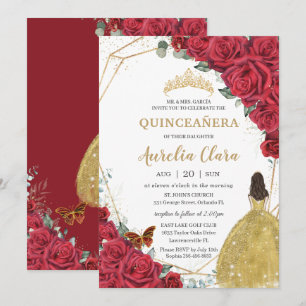 Invitación Quinceañera Red Roses Floral Yellow Prinress