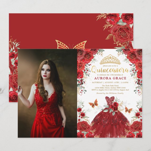 Invitación Quinceañera Red Roses Mis Quince cumpleaños (Anverso / Reverso)