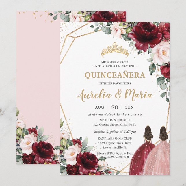 Invitación Quinceañera Red Rubor Rosa Rosa Dorado Gemelos Flo (Anverso / Reverso)