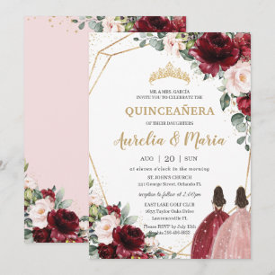 Invitación Quinceañera Red Rubor Rosa Rosa Dorado Gemelos Flo