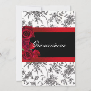 Invitación Quinceanera Red Satin Rosas Black White Toile