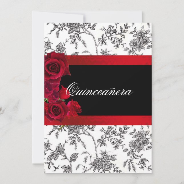 Invitación Quinceanera Red Satin Rosas Black White Toile (Anverso)